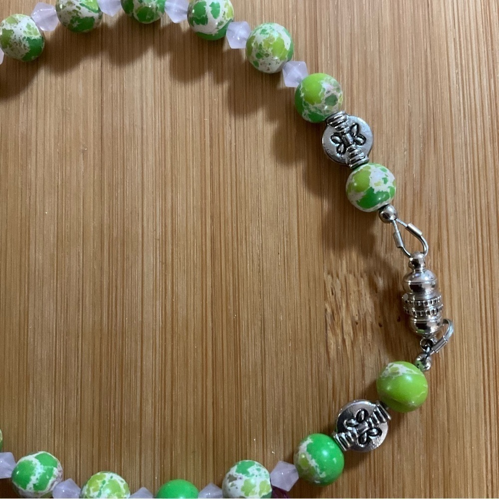 Hand Crafted Ankle Bracelet Gemstone Green Pink Silver Anklet Magnetic Clasp - Picture 3 of 5